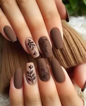 Press on Nails 24 Un Floral Mate marron