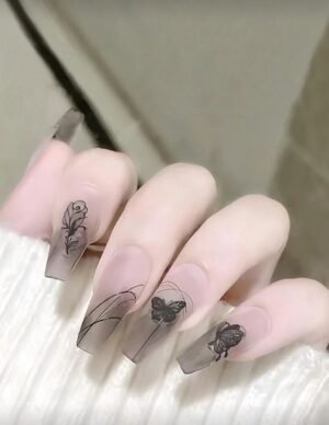 Press on Nails 24 Un Glass Mariposas Negro Largas