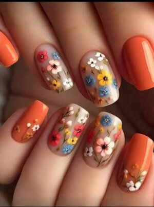 Press on Nails 24 Un Floral Naranja