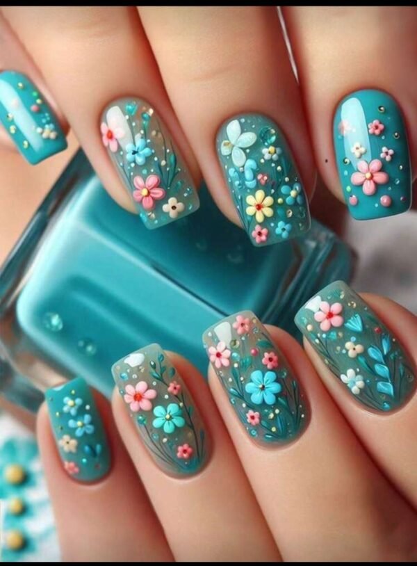 Press on Nails 24 Un Floral Turquesa