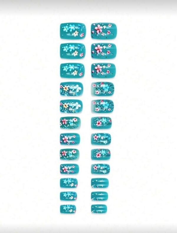 Press on Nails 24 Un Floral Turquesa